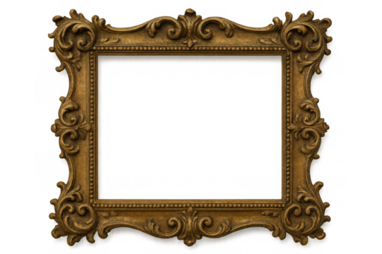 Ornate gold picture frame with baroque rococo style carvings, empty and isolated on a transparent background