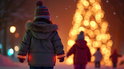 Children's winter walk towards illuminated holiday tree in snowy landscape evoking warmth and