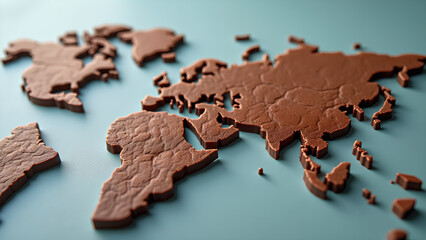 Chocolate sculpted world map displaying continents and islands, perfect for illustrating global