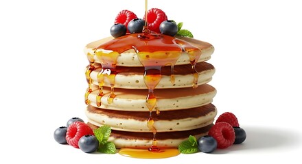 Delicious Stack of Pancakes with Maple Syrup, Raspberries, and Blueberries, Food Concept