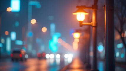Cityscape glow at night with street lights illuminating an urban environment creating a nostalgic