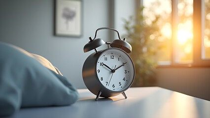 Classic alarm clock signals the start of a new day with gentle sunshine streaming through window