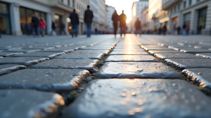 Cobblestone street reflects the sunlight, people walking in the blurry background during sunset