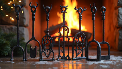 Collection of antique iron fireplace tools evoke cozy hearthside traditions of winter and festive