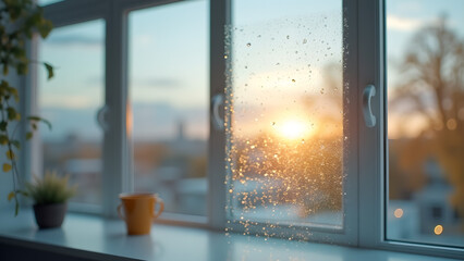 Contemplative sunrise through a window pane speckled with raindrops evoking quiet mornings and