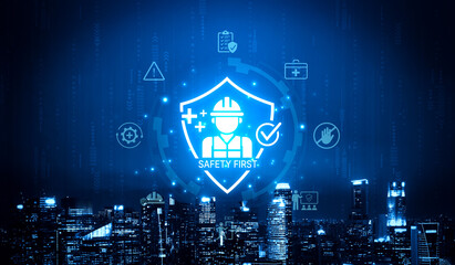 Concept of occupational health and safety. A 'Safety First' policy ensures worker protection through training, risk prevention, and adherence to workplace safety standards. Fermion