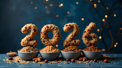 Creative 2026 year celebration with grain number figures and background bokeh light effects to