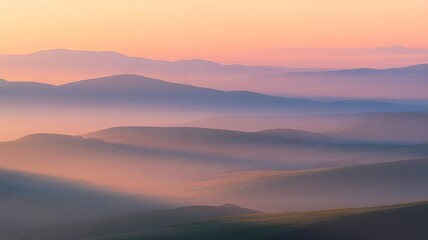Dreamy Pastel Fog Layers over Rolling Hills at Sunrise Serene Mountain Landscape