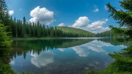 Wide-Angle Lake Reflection of Pine Woodland under Bright Sky