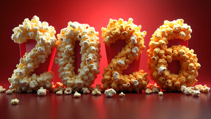 Creative popcorn display representing the year 2026 on a red background evoking movie nights and