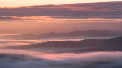 Sunset Glow Over Foggy Ridges Moody Layered Hillscape with Soft Light
