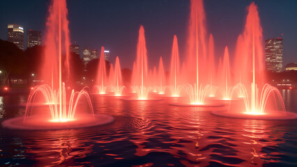 Crimson fountains dance at dusk mirroring a city skyline under the twilight sky illuminating urban