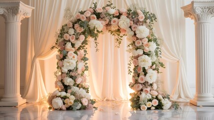 Luxurious Rose & Peony Wedding Arch with Silk Drapes Elegant Indoor Ceremony Backdrop