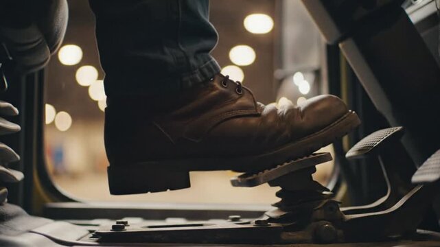 Accelerating momentum foot on pedal automotive workshop close-up shot action-oriented environment