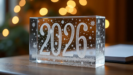 Crystal anticipation: A decorative object marking the year 2026 with delicate snowflakes and