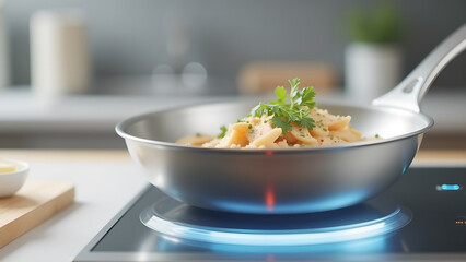 Culinary delight pasta prepared in a steel pan placed on a radiant induction cooktop with modern