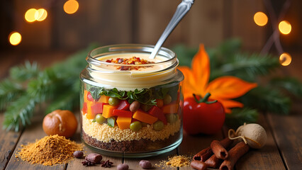 Culinary masterpiece showcasing layered salad in glass jar surrounded by spices rustic table
