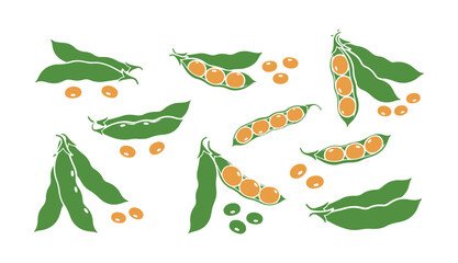 Soybean silhouettes illustrated in vector style, all displayed on a white background.