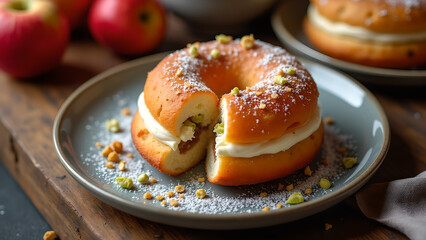 Delicious sliced donut filled with cream cheese frosting and sprinkled with powdered sugar and