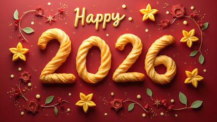 Deliciously Designed Happy 2026 on a Crimson Backdrop with Floral Embellishments for the New Year