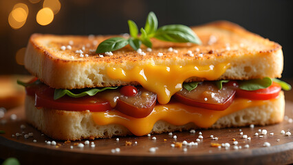 Deliciously inviting grilled cheese sandwich dripping with melted cheddar on toasted bread with