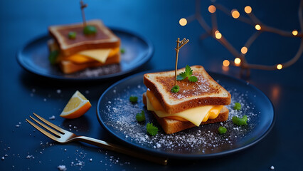 Deliciously presented cheese sandwiches on dark plates with lemon and golden fork are displayed