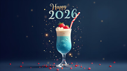 Delightful New Year 2026 celebration artistic composition with vibrant blue beverage and festive