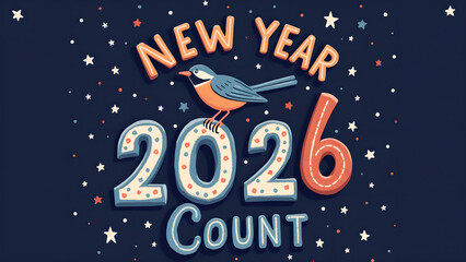 Delightful new year 2026 whimsical design featuring a charming bird amidst starry celebrations and