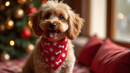 Delightful puppy poses in front of Christmas tree with cheerful expression, a heartwarming holiday
