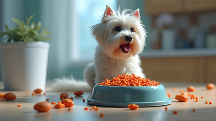 Delightful west highland white terrier eagerly awaits a delicious meal, showcasing its fluffy coat