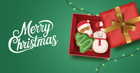 Green background with Christmas presents, cookies, and snowman figure creating a cozy and warm holiday gift exchange atmosphere. Christmas Poster Design Vector Illustration 