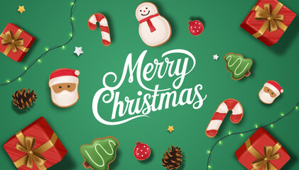 Top view flat lay Christmas composition with gifts, candy canes, cookies, and Merry Christmas text on green background illustration. Christmas Social Media Post Vector Illustration 