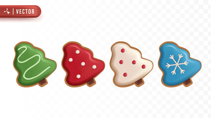 Delicious Christmas tree-shaped cookies with colorful icing decoration representing sweet homemade treats for festive holiday celebration. Gingerbread cookie. 3D christmas element