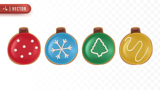 Cute Christmas ornament cookies decorated with colorful icing designs shaped like baubles for festive bakery illustration concept.