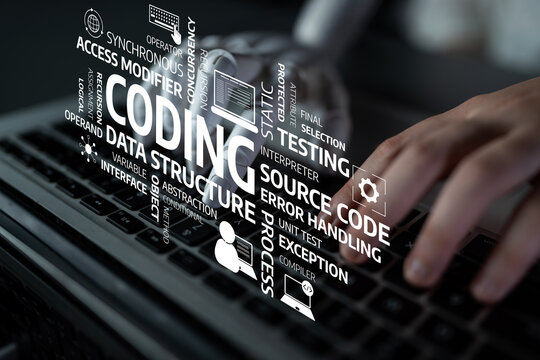 A creative representation of coding and programming with a hand typing on a keyboard surrounded by essential technical terms. Ideal for technology and education themes. Tessel
