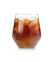 Tasty iced coffee with milk in glass isolated on white