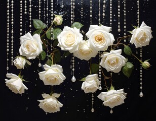White Roses on sparkling black backdrop with hanging pearl strands.