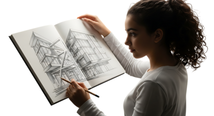 Young woman drawing architectural sketch in notebook isolated on transparent background