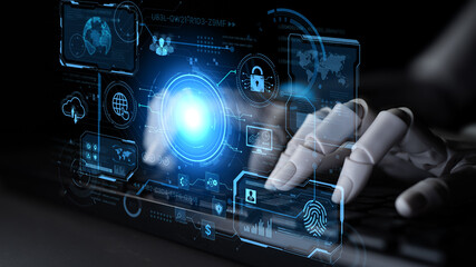 An AI assistant operates a futuristic command center, managing a global technology platform. The system provides intelligent data security and network administration. Fermion