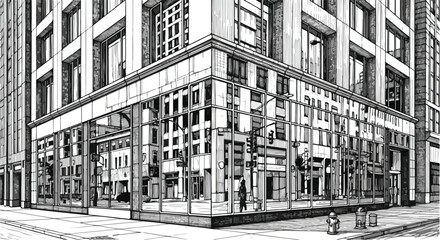 Urban building architecture corner perspective line art vector.