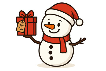 Snowman wearing santa hat and scarf presenting a wrapped gift box with to: you tag for christmas holiday