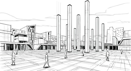Public square with buildings minimalist cityscape vector illustration.