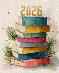 stacked colorful books with pine branches, golden number 2026 above, light background with subtle sparkles, hand-painted watercolor illustration. library promotions, educational New Year, book fair.