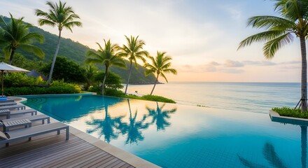 Fototapeta premium Idyllic tropical resort with infinity pool overlooking the ocean at sunset, palm trees and lounge chairs