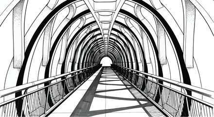 Underground tunnel architecture perspective vector line art illustration.