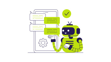Friendly green robot chatbot interacting with a mobile phone application.