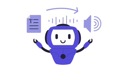 Friendly AI robot character converting text to speech.