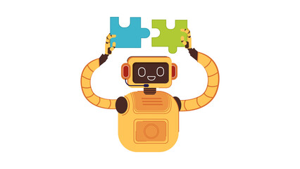 Friendly yellow robot character connecting two jigsaw puzzle pieces.