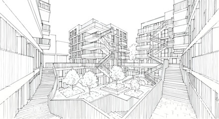 Urban residential modern building architecture line art vector.