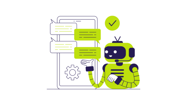 Friendly green robot chatbot interacting with a mobile phone application.